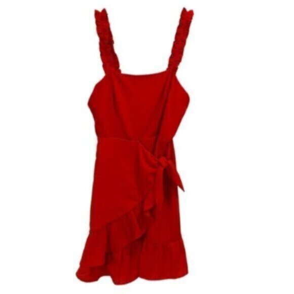 NWT E.SSUE | Women's Red Multi-Tiered Faux Wrap Ruffle Dress Size Small - Picture 2 of 11
